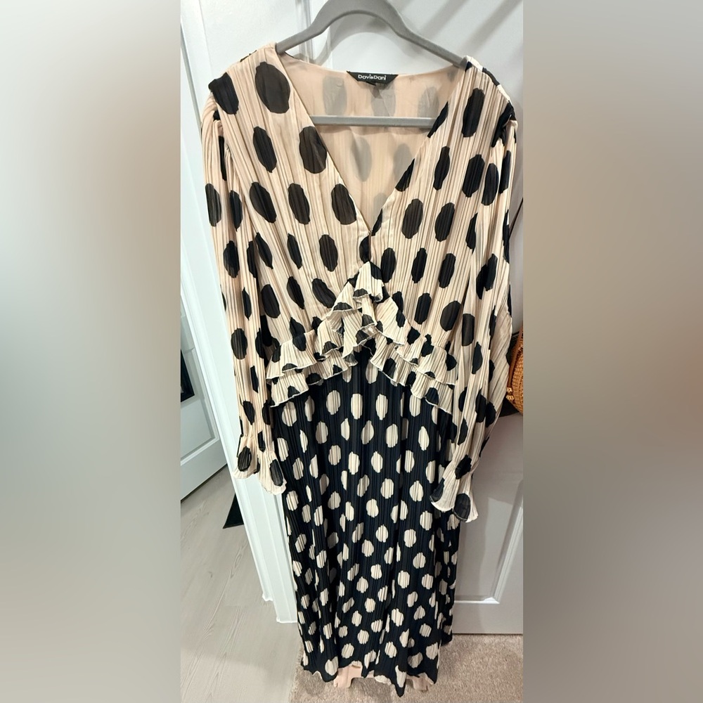 DAVI & DANI Pleated Maxi Dress with Black Polka Dots